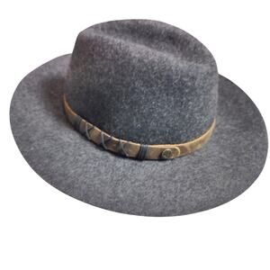 Pistil Women's Soho Wide Brim Hat Charcoal Grey Wool Brown Leather Cord Trim